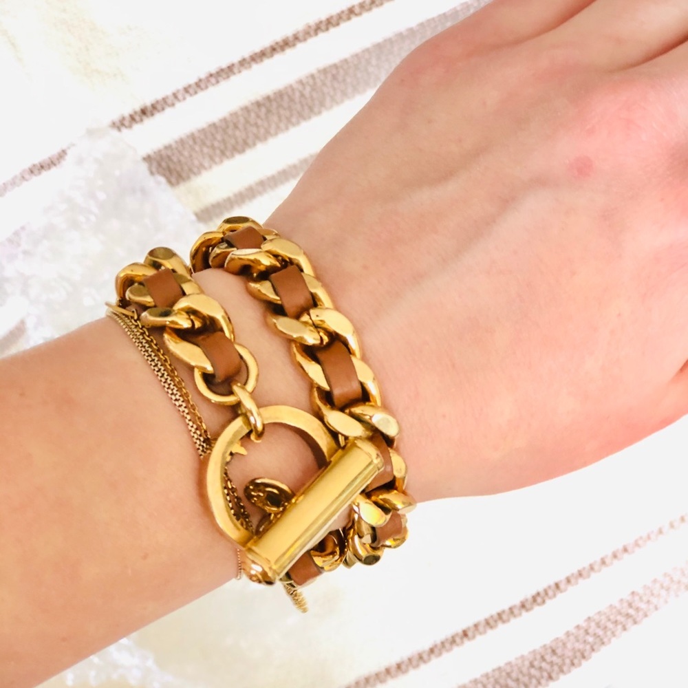 Gold Link and Brown Leather Wrap Bracelet